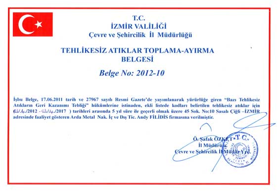 Tehlikesi Atıklar Toplama Ayıtma Belgesi